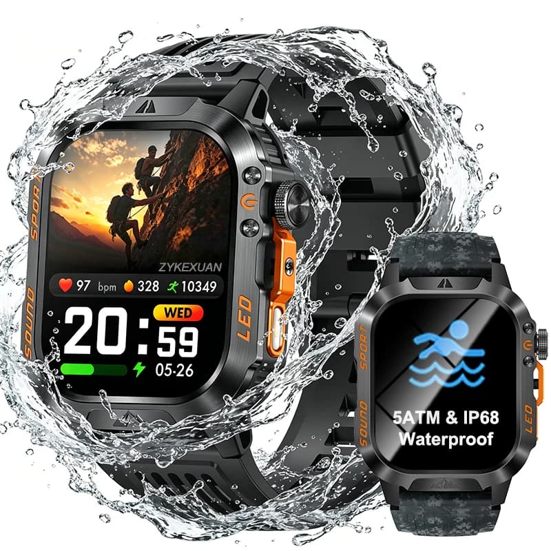 Nuovo smartwatch militare con batteria da 1200 mAh, fitness tracker da uomo, impermeabile 5ATM, torcia, cardiofrequenzimetro, compatibile con iOS e Android