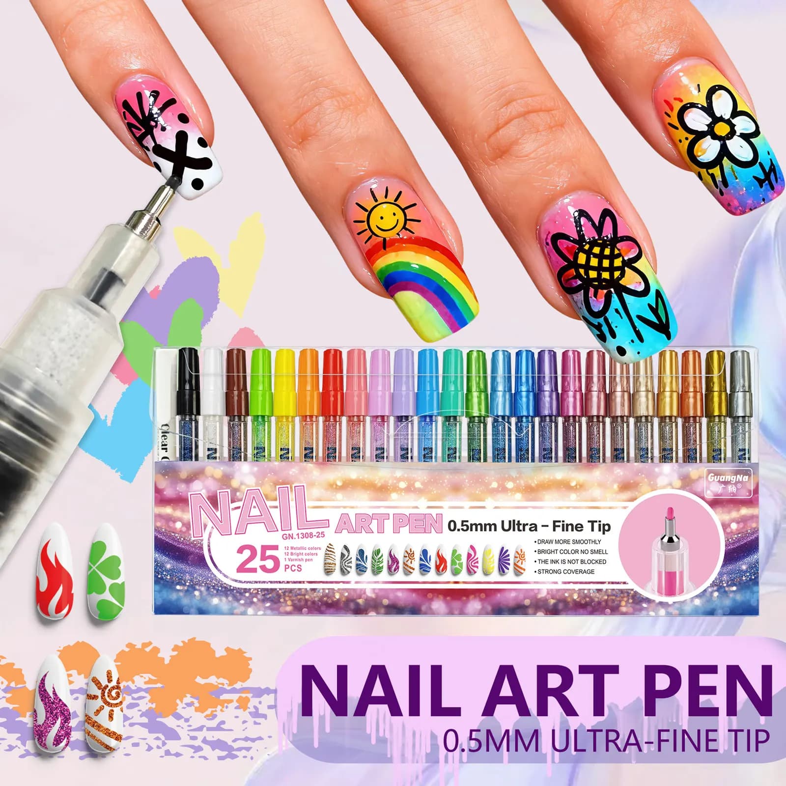 Penne per Nail Art per la Decorazione delle Unghie, Inclusa una Penna Marker con Rivestimento Trasparente, un Set di Penne per Nail Art con Punta da 0,5 mm e Strumenti Fai-da-Te per Nail Art