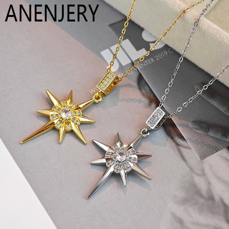 ANENJERY Collana con pendente in zircone lucido rotondo con stella in acciaio inossidabile 316L per le donne Regali delicati di gioielli da donna di lusso all'ingrosso