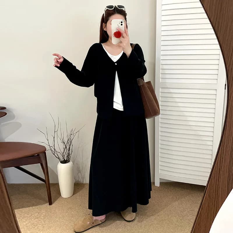 plus Size Women's Casual Two-Piece Set Autumn 2025 Loose Comfortable Long Sleeve Top And Half Skirt Ensemble NT1133