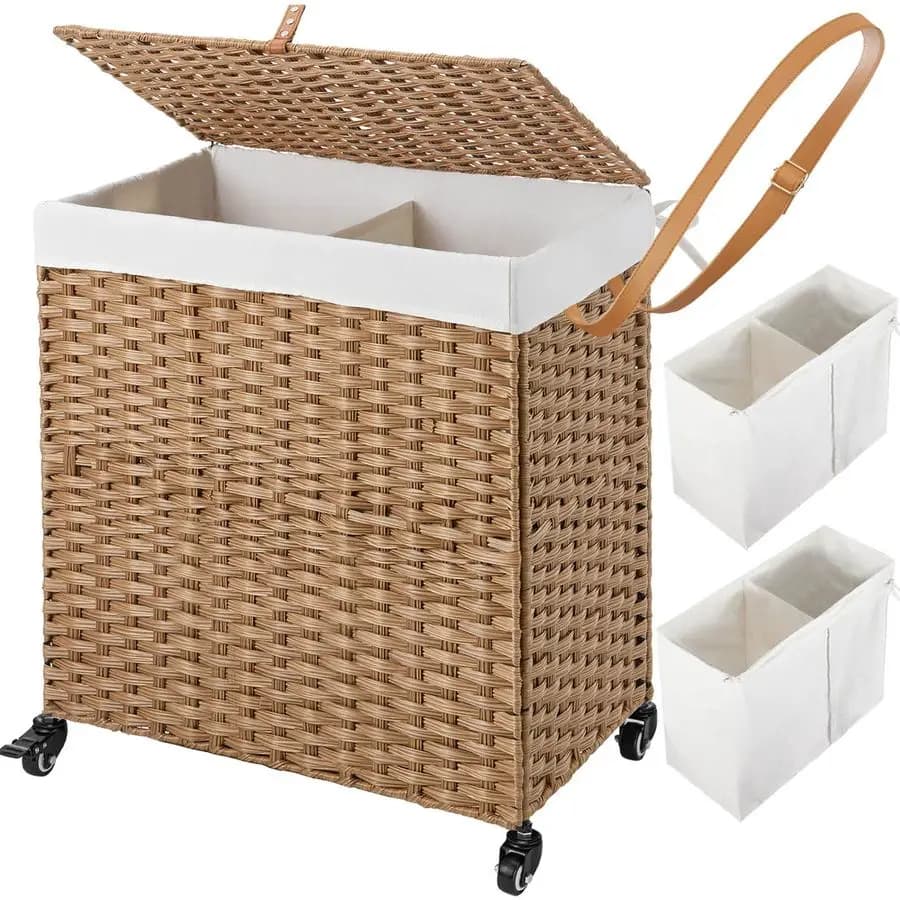 Basket with wheels, no installation needed, 110L, hand woven baskets with 2 removable inner bags, synthetic rattan fabric