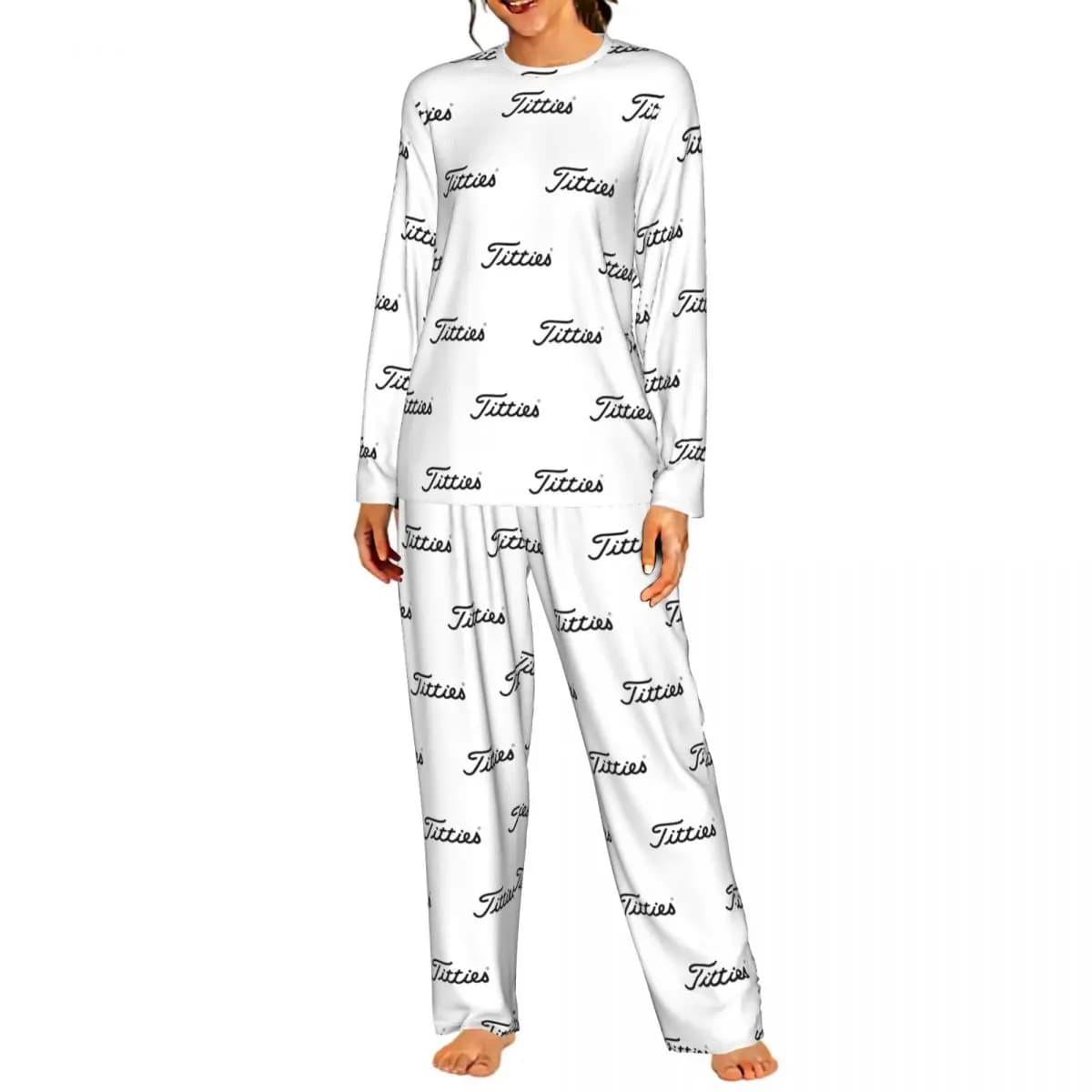 Titties Golf Ball Round Neck Long Sleeves Nightdress for Sleeping Sleepshirts Women Soft Pajama Set Long Pants