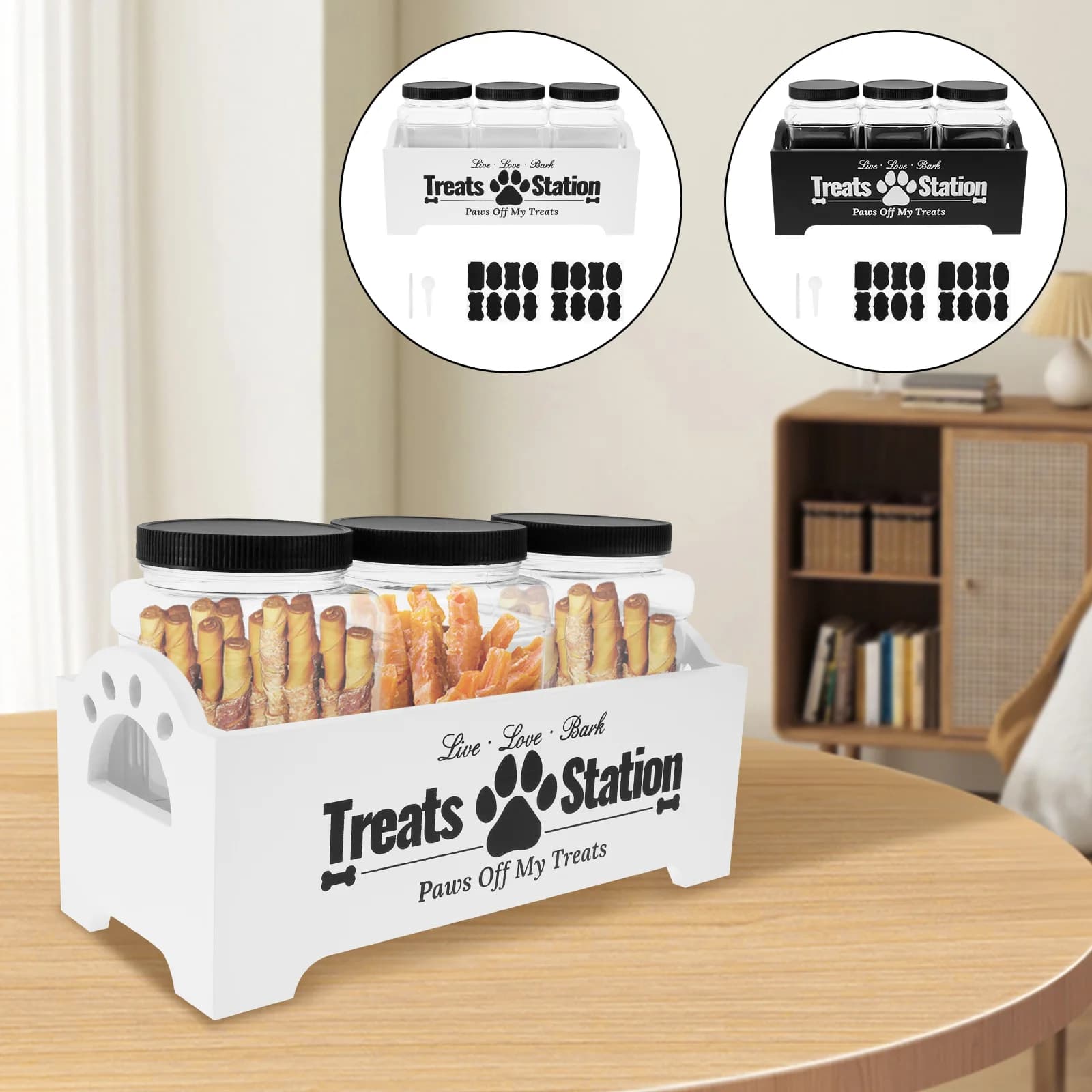 Wood Dog Food Container with 3 Plastic Treat Jars Cat Food Container with Handles Practical Food Storage Container Decorative