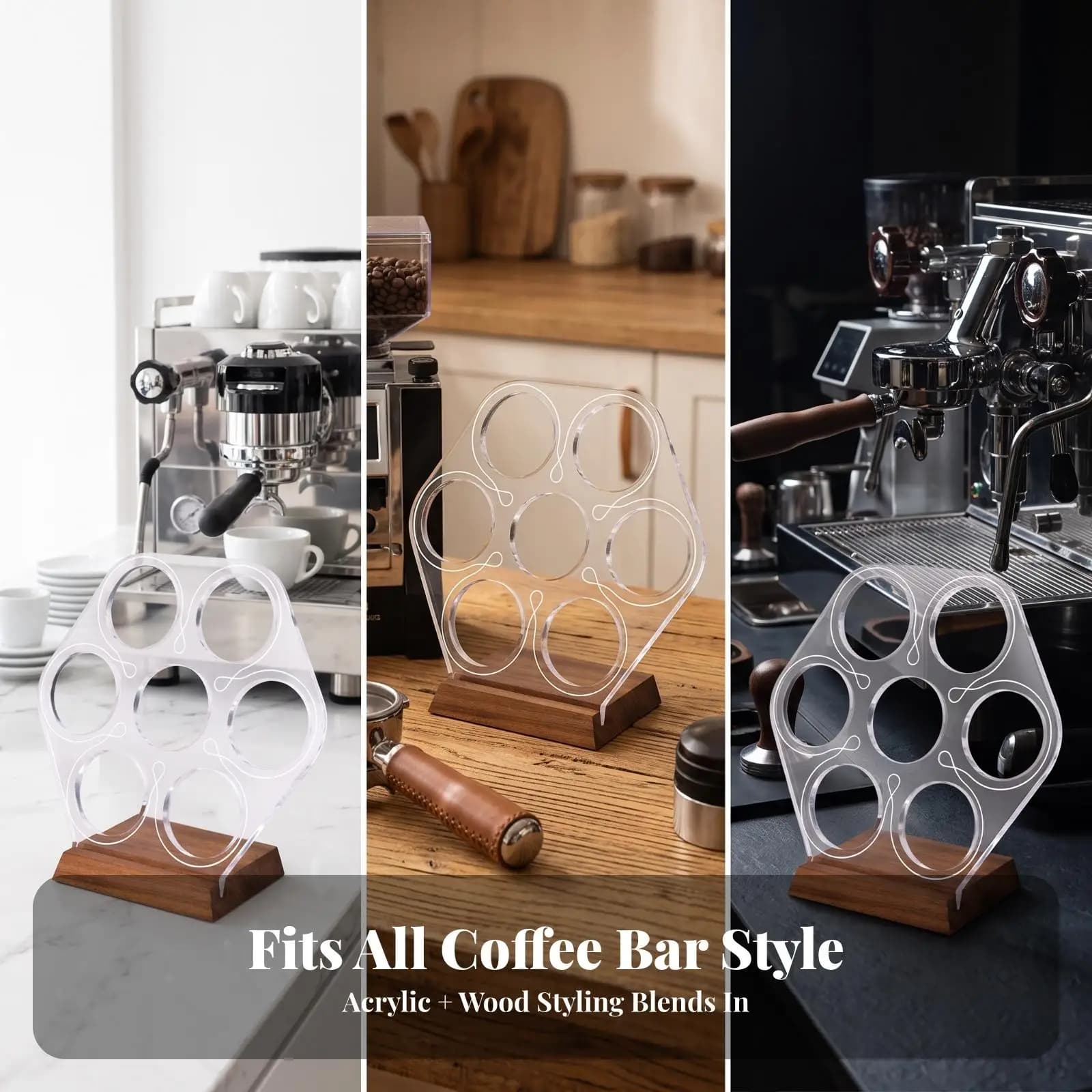 Strainer Basket Rack with Wooden Base | Compact Countertop Design, 6-Hole, Espresso strainer Basket Stand, for Coffee Bar