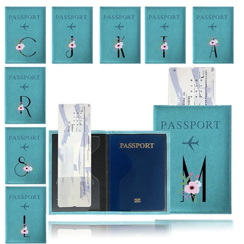 Porta Passaporto Blu in PU Impermeabile, Custodia Portafoglio per Documenti e Carte di Credito, Serie Floreale Nera Stampata