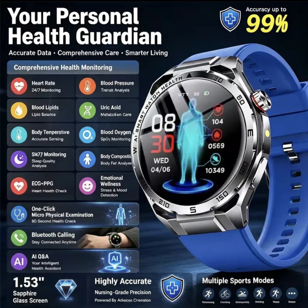 Medical ECG Watch 2026 AI Medical Smart Watch Blood Oxygen Uric Acid Blood Pressure Body Fat Fitness IP68 Waterproof Smartwatch