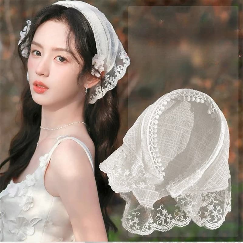 2025 Sciarpa con fascia in pizzo per donna Bandana a triangolo stile francese con accessorio per capelli pastorale chic con fascia per capelli integrata