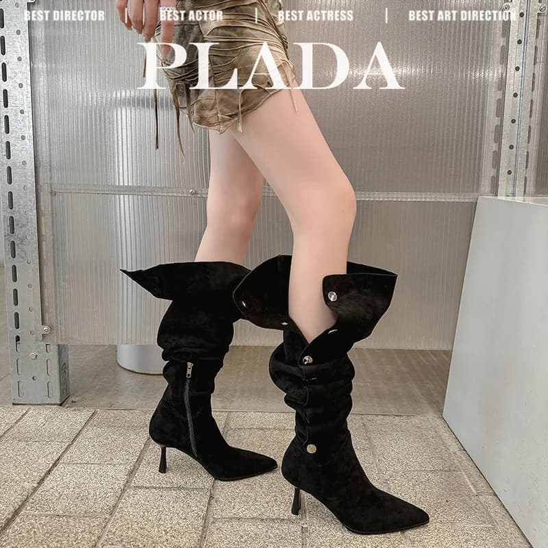 2026autumn winter women knee-high boots 22-25cm stretch flannel pointed toe side zipper rivet high heel Pile up boots long boots