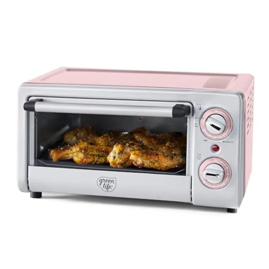 Forno Tostapane da Appoggio con Funzione Friggitrice ad Aria, in Acciaio Inossidabile, con Vassoio e Cestello Antiaderente in Ceramica Senza PFAS, per Cuocere, Grigliare, Riscaldare, con Temperatura Regolabile