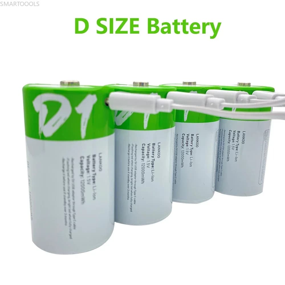 Batterie Ricaricabili USB Formato D LR20 Li-ion 1.5V 12000mWh con Cavo Type-C per Elettrodomestici a Gas, Torce