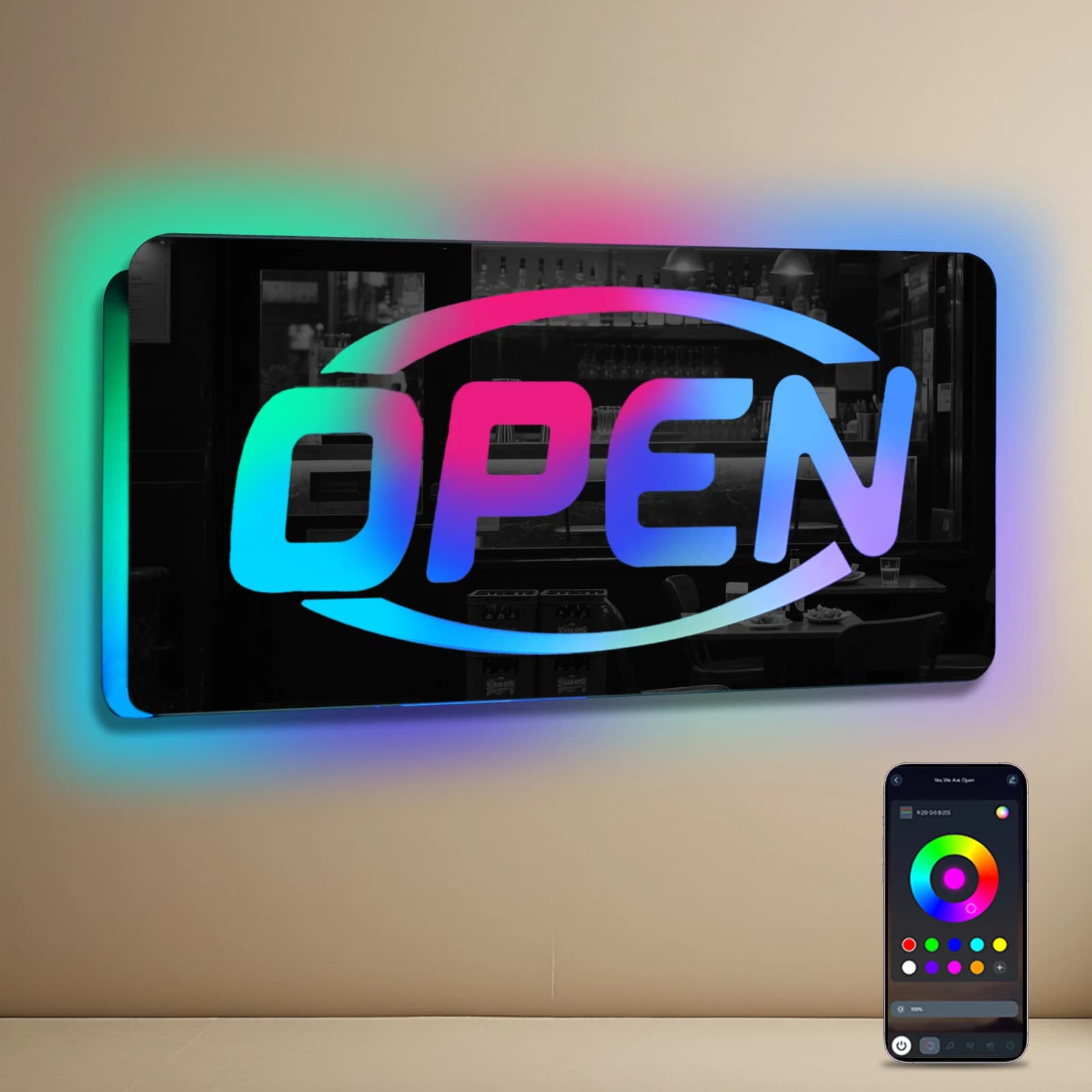Insegna al neon aperta Specchio con telecomando RGB Retroilluminazione a LED Lampada da parete luminosa Cool Store Salon Bar Coffee Room Decorazione interna