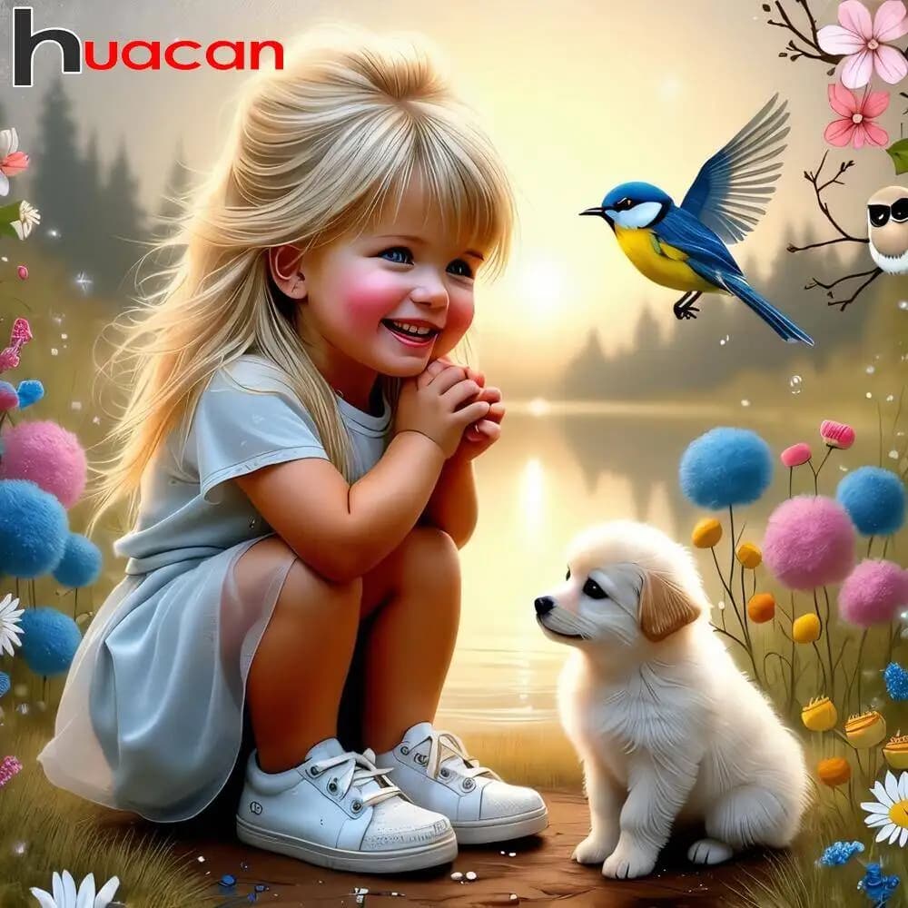 Huacan Diamond Mosaic 5D Girl Portrait Full Square Round Diamond Painting Dog Animal Bird Decoration For Home