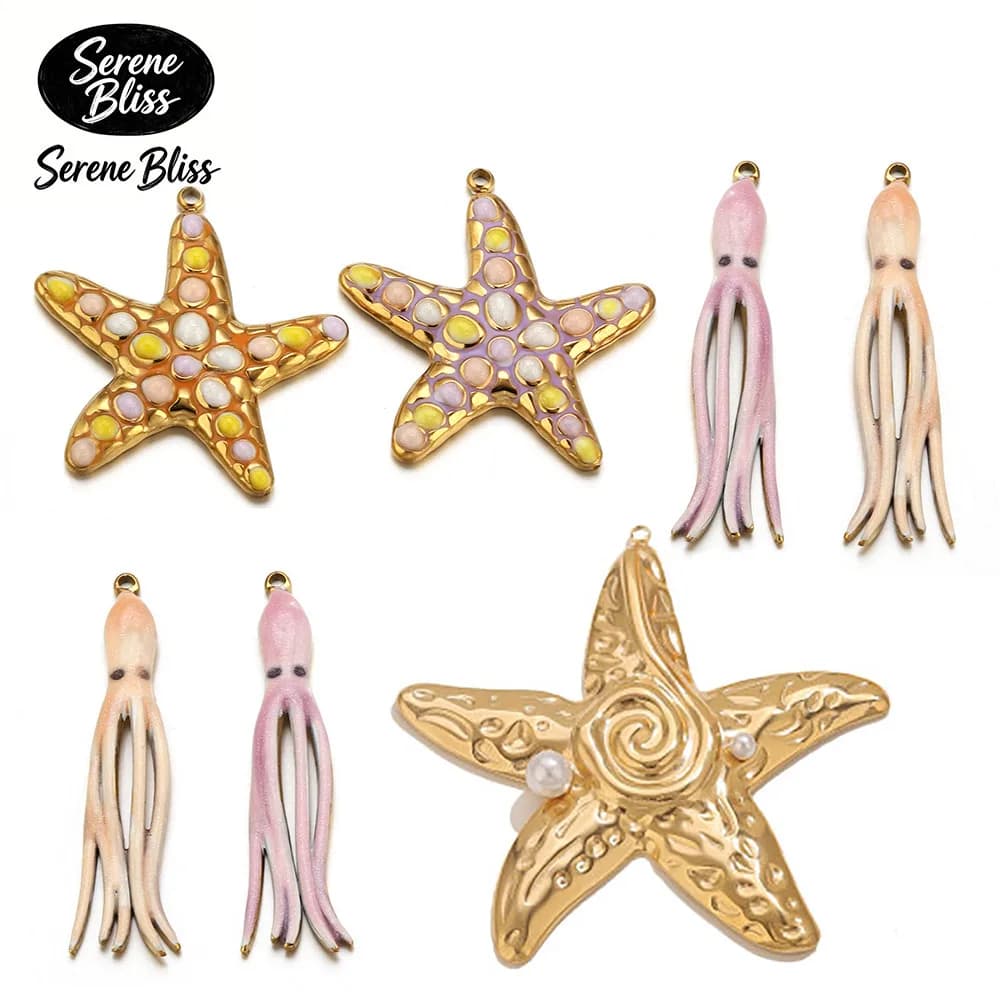 2 Pezzi Ciondoli a Forma di Stella Marina e Polpo in Acciaio Inossidabile Smaltato, Placcati Oro 18K, per Creazione Gioielli Fai da Te (Orecchini, Collane) a Tema Oceano
