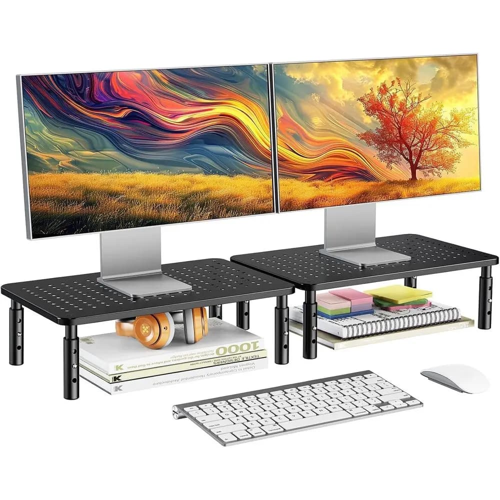 Supporto per Monitor da Scrivania, Supporto per Monitor con Altezza Regolabile, Rialzo per 2 Monitor, Supporto per Laptop, Confezione da 2, Nero