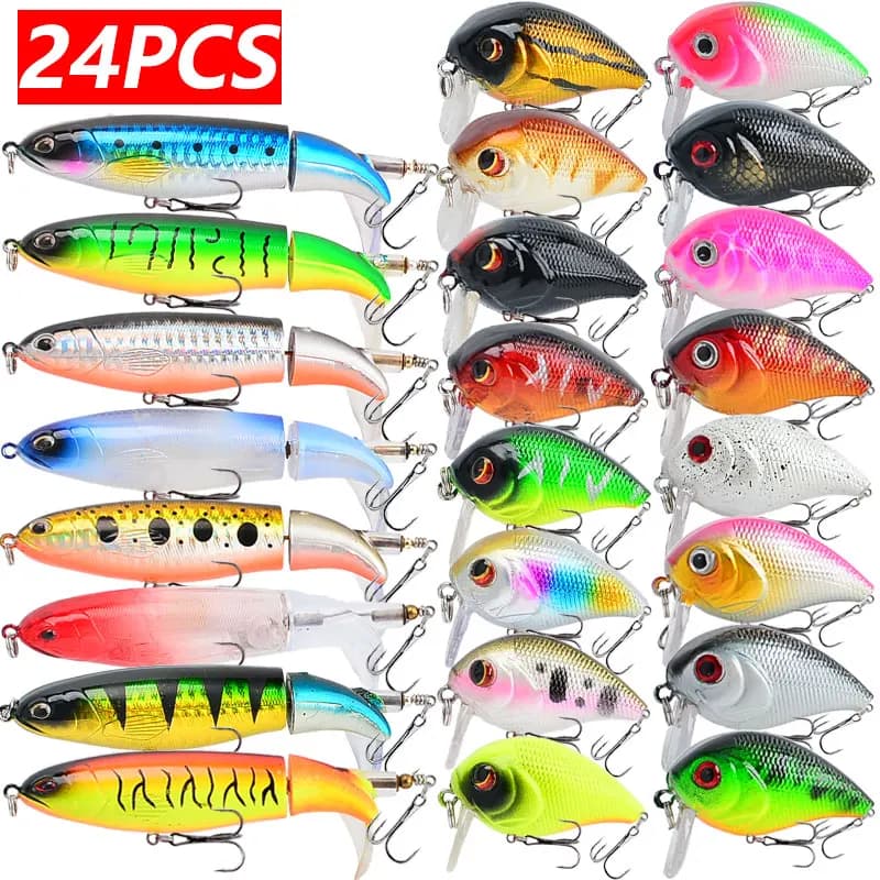 24pcs/lot Mixed Color ABS Fishing Lures Crankbait Wbblers & Topwater Pencil 3D Eyes with Sharp Hooks for Sea & Carp Fishing