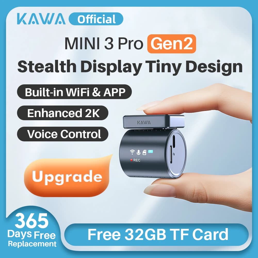 Dashcam KAWA MINI3 Pro Gen2, videocamera per auto 2K, registratore video automatico, telecamera per auto aggiornata, controllo WiFi e APP/voce, visione notturna, mini dashcam.