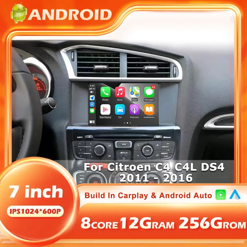 Autoradio Android 16 da 7'' per Citroen C4 C4L DS4 2011-2016, Lettore Multimediale con Schermo, Unità di Controllo con Carplay