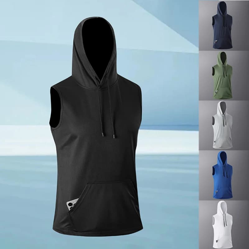 Gilet sportivo con cappuccio, T-shirt estiva nuova in seta ghiaccio traspirante, top senza maniche per corsa e fitness, gilet ampio taglie forti, abbigliamento uomo