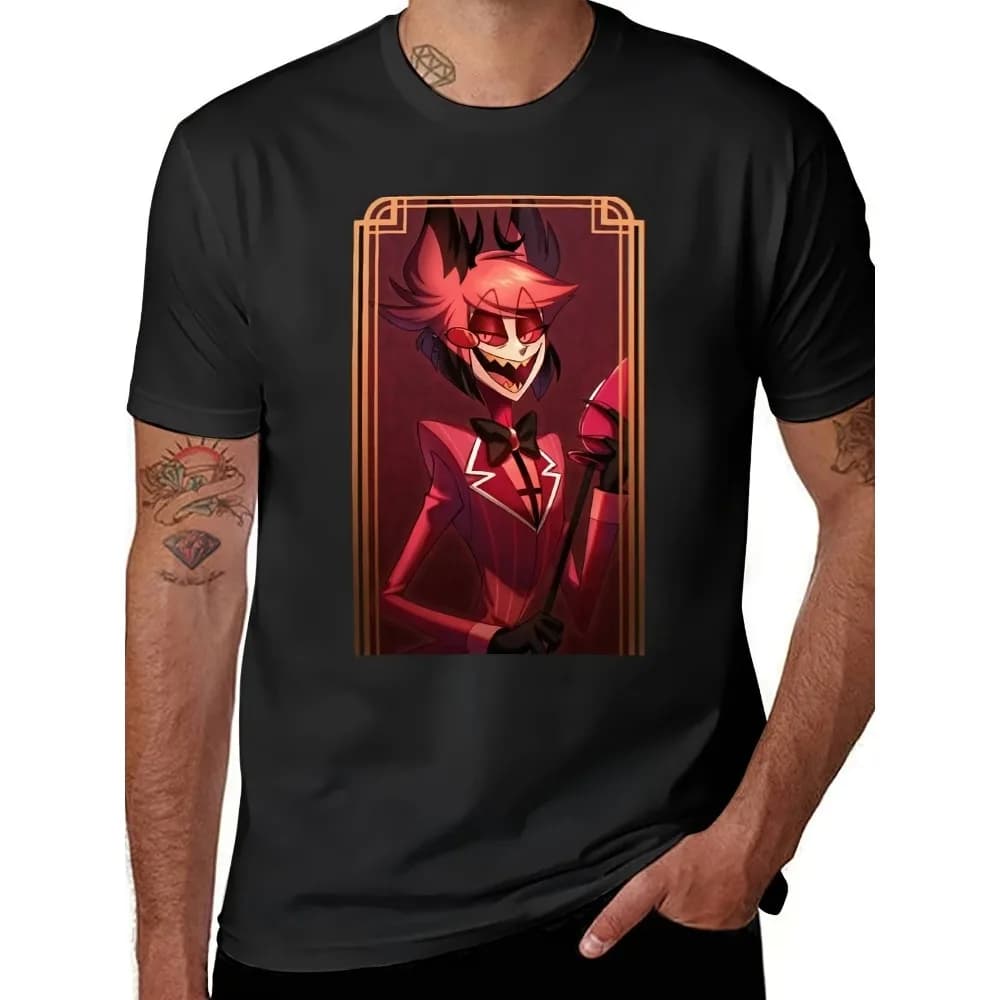 Anime Alastor T-Shirt for Men - Graphic Design with Red Details, Round Neck and Short Sleeve, Casual and Cosplay Clothing, Fan Merchandise, Geometric Pattern, Breathable Fabric, Pop Culture, Unofficial