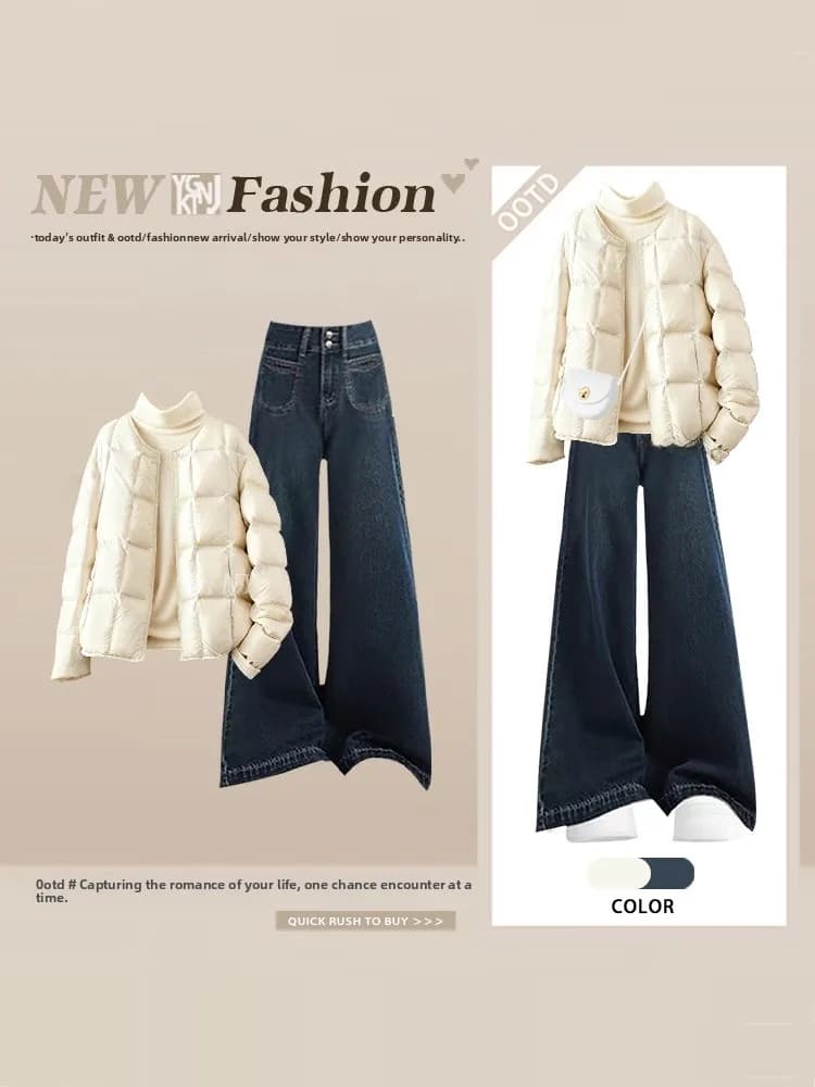 Maglia invernale da donna in cotone Jaet Top a vita alta Jeans Tee Piece Set rotondo Ne Interno Indossare Strato base Blo Color Ne
