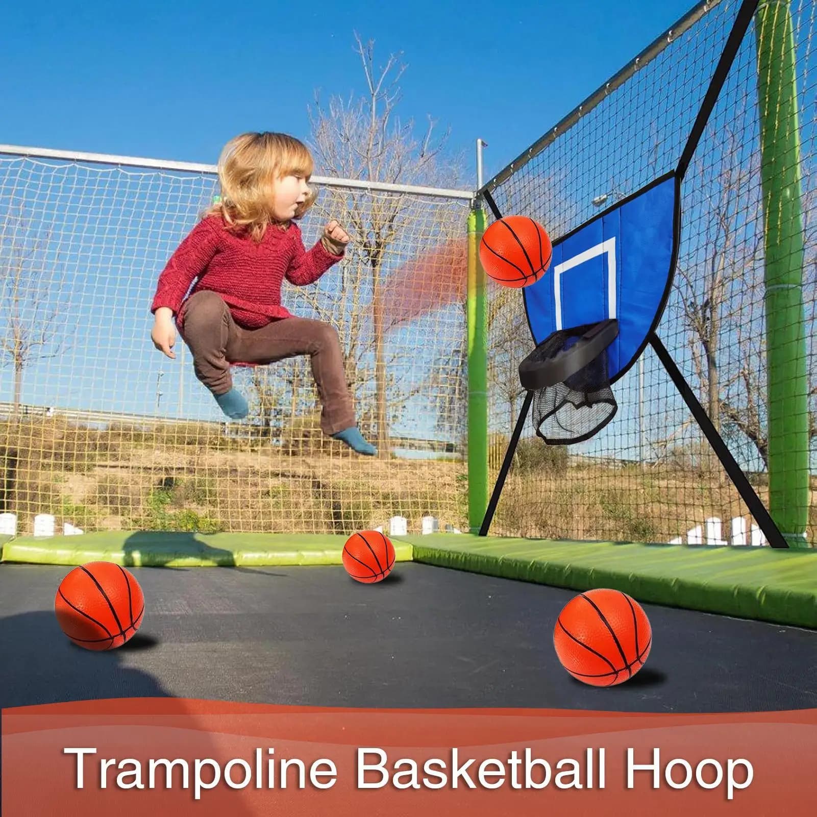 Canestro da basket per trampolino da esterno per bambini, accessorio morbido per canestro da basket con 4 palloni e pompa, ricambi per trampolino per bambini