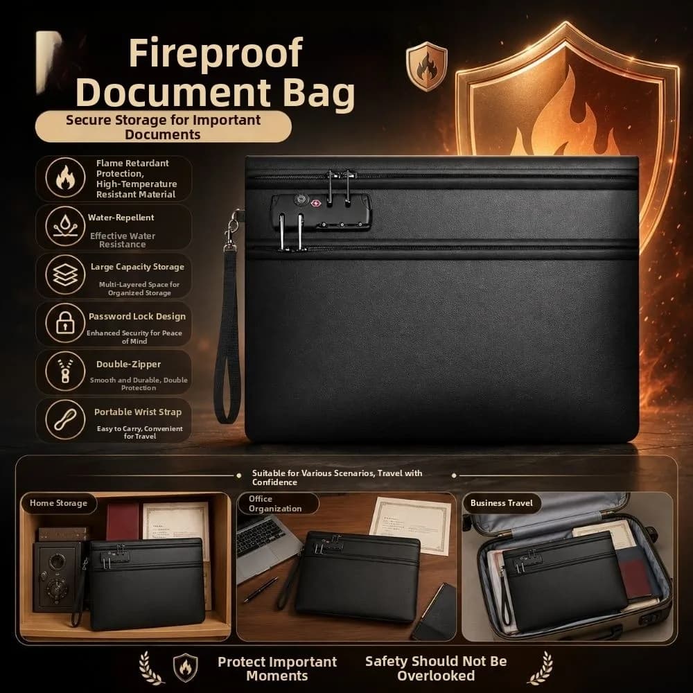 Lockable Fireproof Document Bag Heat-resistant Handheld Dual-Zip Cash Pouch Protective Portable Safety File Folder Letter