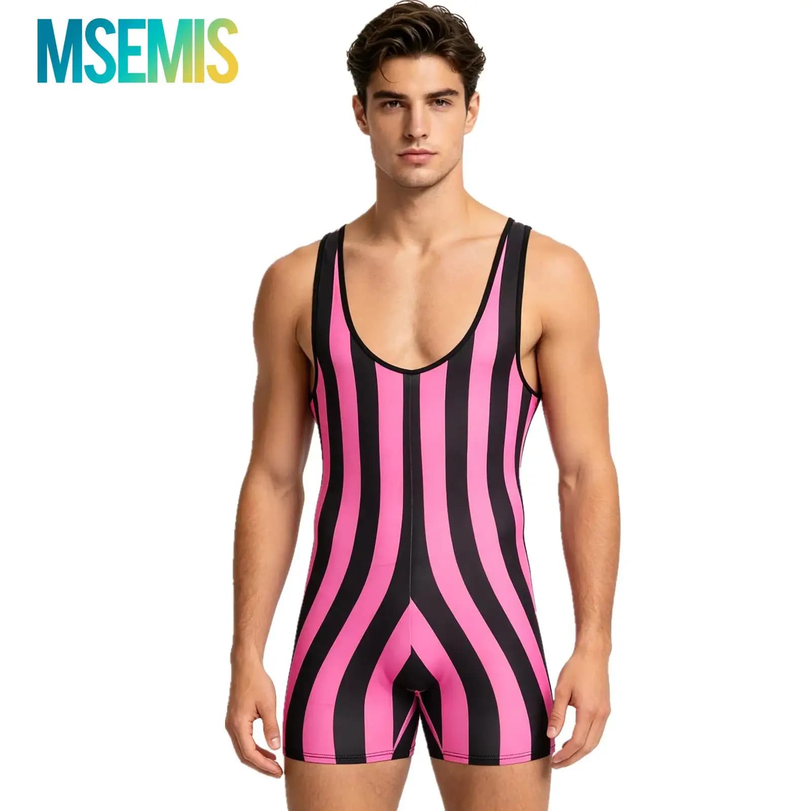 Mens Striped Wrestling Singlet Swimsuit Slim Fit Boxer Shorts Rompers Bodybuilding Shapewear Bodysuit Gym Sports Fitness Costume