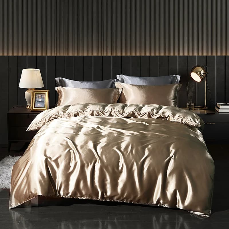 Set di biancheria da letto di lusso in seta di gelso oro, trapunta, copripiumino, lenzuolo piatto, federa, doppia Ru, biancheria da letto queen, copripiumino