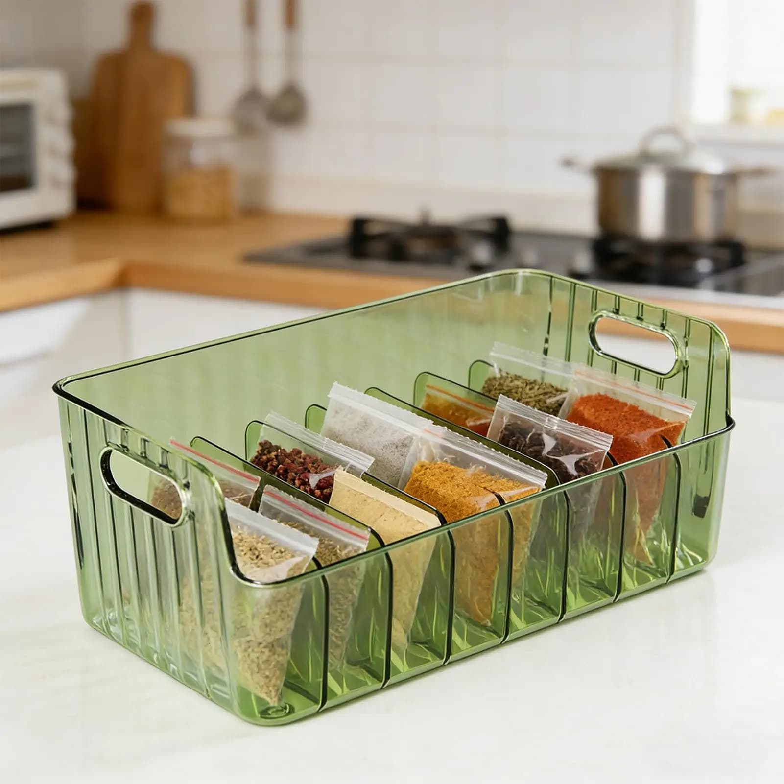 Spices Rack Transparent Divided Cosmetic Food Storage Box Countertop SpiceShelf Kitchen Pantry Cabinet Organizer Large Capacity