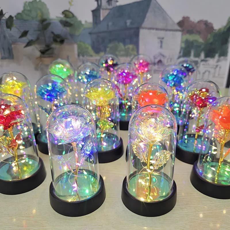 Regalo di San Valentino per la fidanzata, rosa eterna con luce LED, fiore in lamina in copertura di vetro, regalo per la festa della mamma, bomboniere per matrimonio, regalo per damigella d'onore