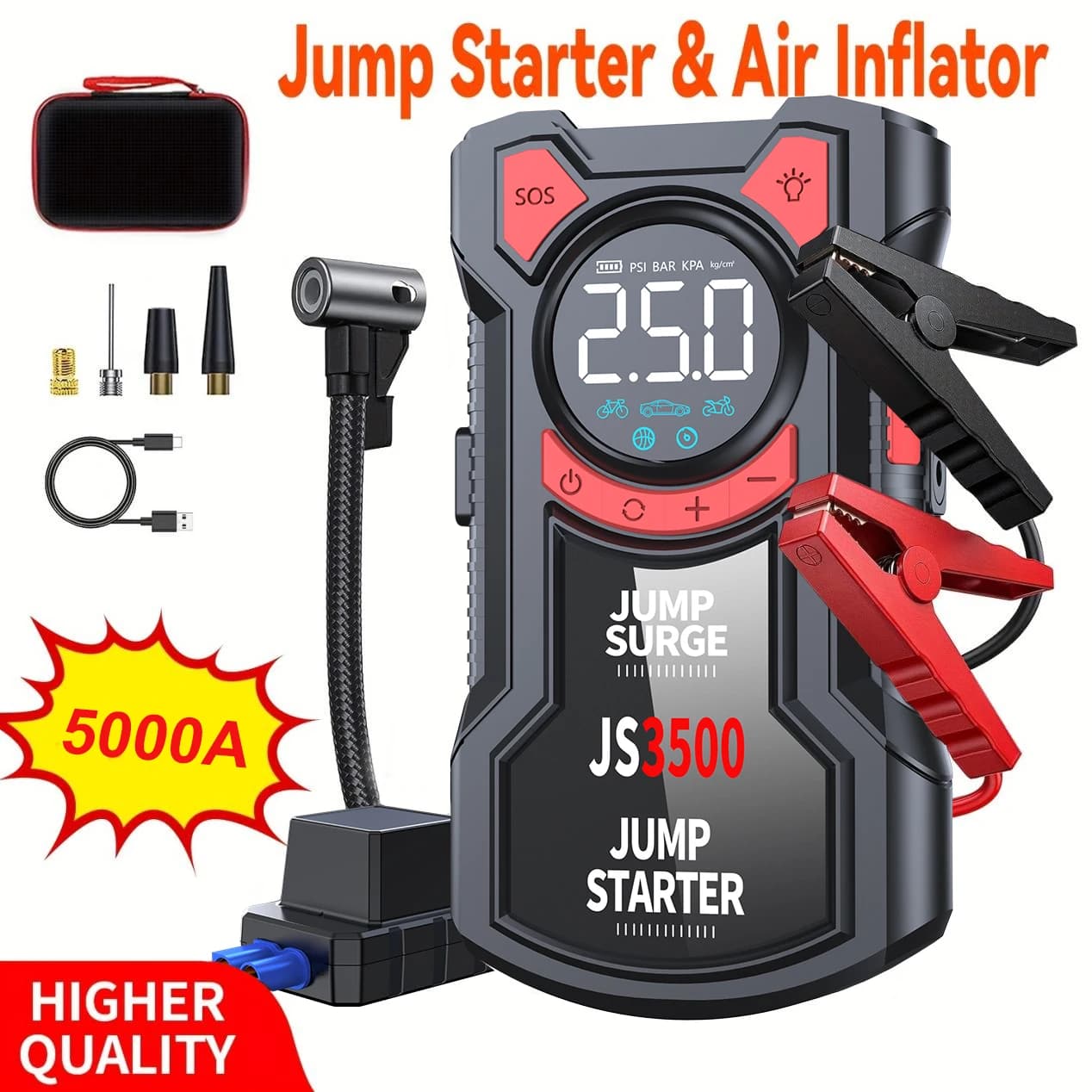 Avviatore di emergenza per pompa d'aria multifunzionale 5 in 1 con compressore d'aria 3000A Picco/150PSI Avviatore di emergenza per batteria Gonfiatore digitale per pneumatici
