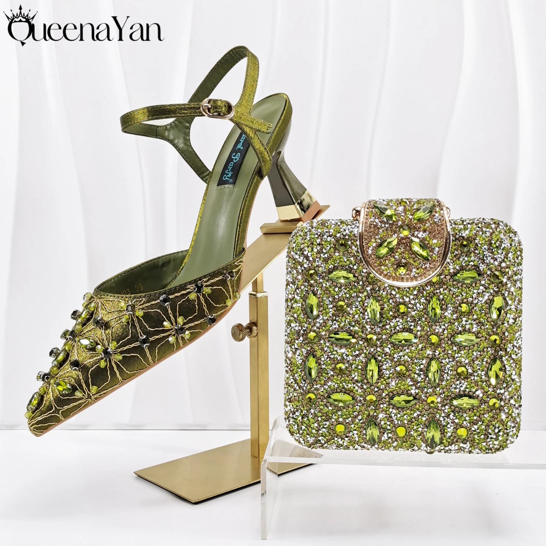 QueenaYan Elegant set of shoes and bags for women Italian olive color design complete with diamonds for weddings and special occasions