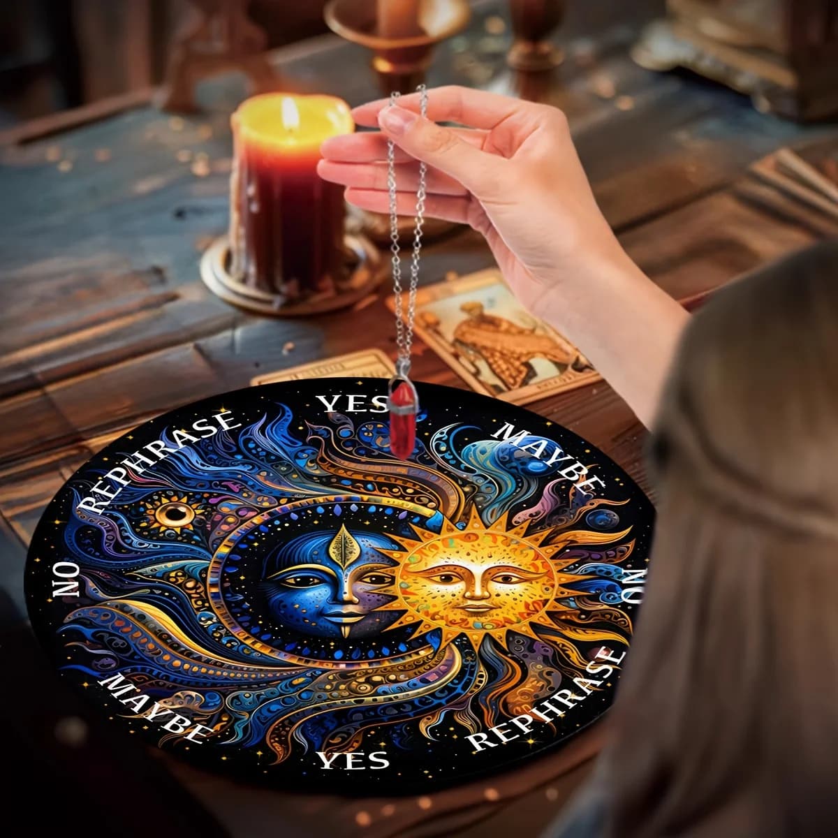 VIKAMA Solar Moon Magic Altar Decor, Tappetino per lettura con pendolo di cristallo, Tappetino per carte di divinazione astrologica, Materiale resistente