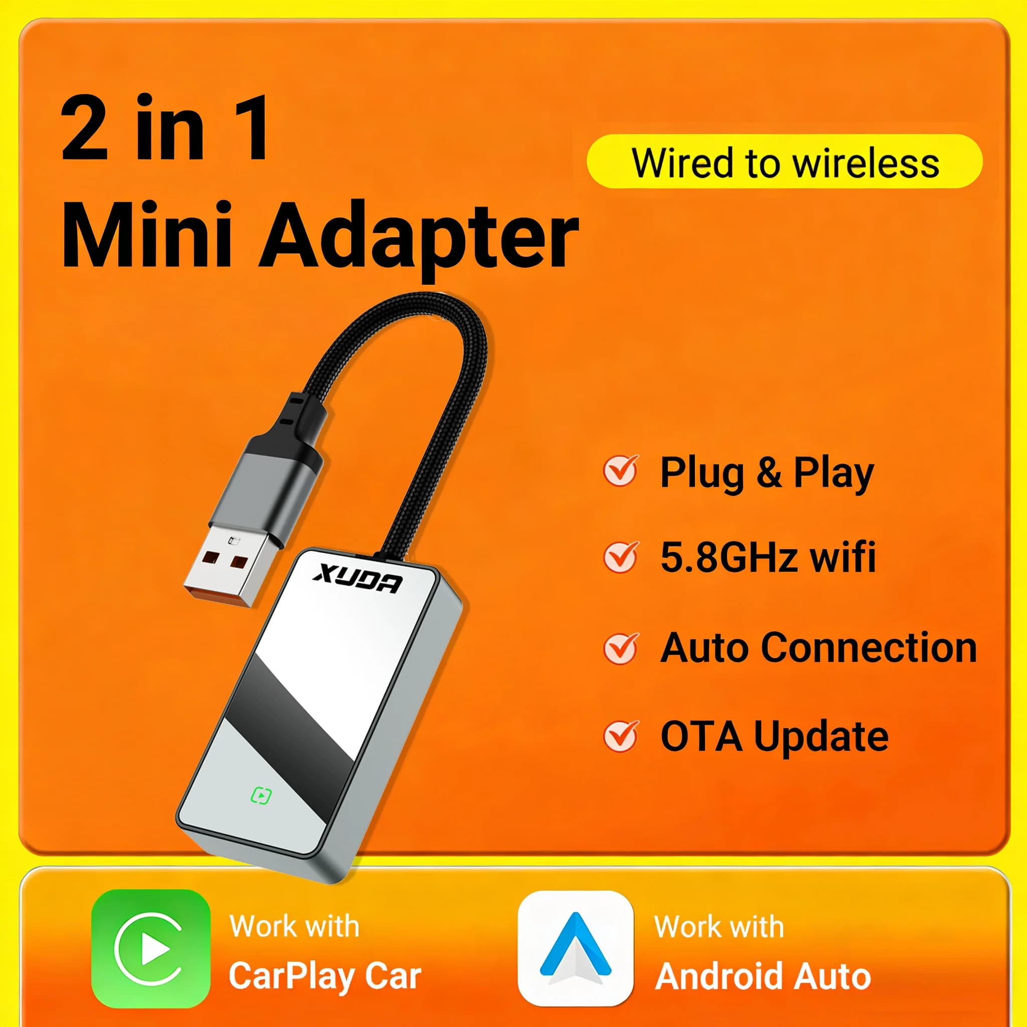 Adapter 2in1 NEW Smart Mini Box Wireless CarPlay Android Auto Plug and Play WiFi Fast connection Universal for Audi Toyota etc.