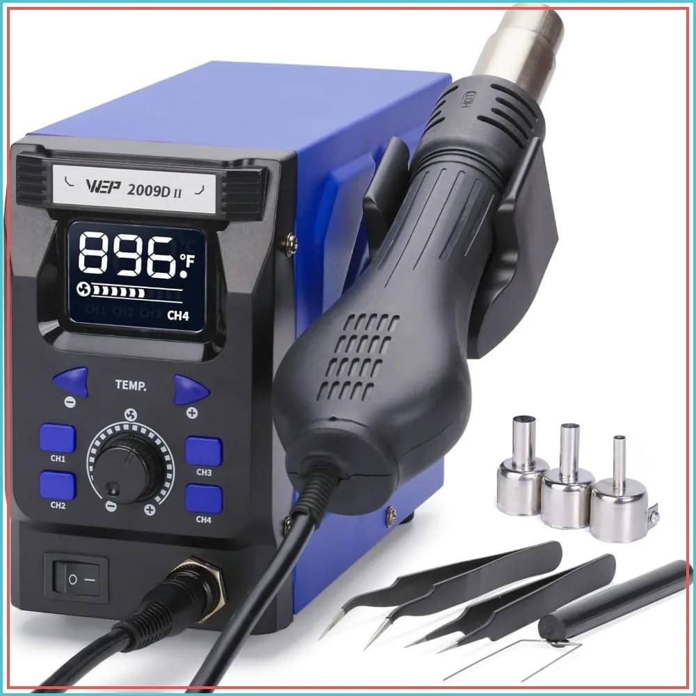 Hot Air Soldering Station with Detachable Heat Gun, 4 Preset Channels, Digital LED Display, Adjustable Temperature 212-896°F, PID Stabilization