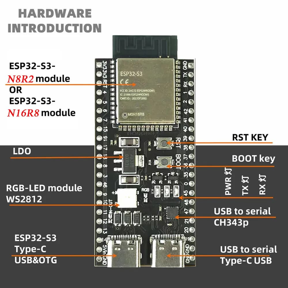 Scheda di Sviluppo ESP32-S3, Modulo WiFi 2.4G per Arduino ESP IDF ESP32-S3WROOM1 N8R2 N16R8, 44 Pin Tipo-C, 8M PSRAM ESP32 S3