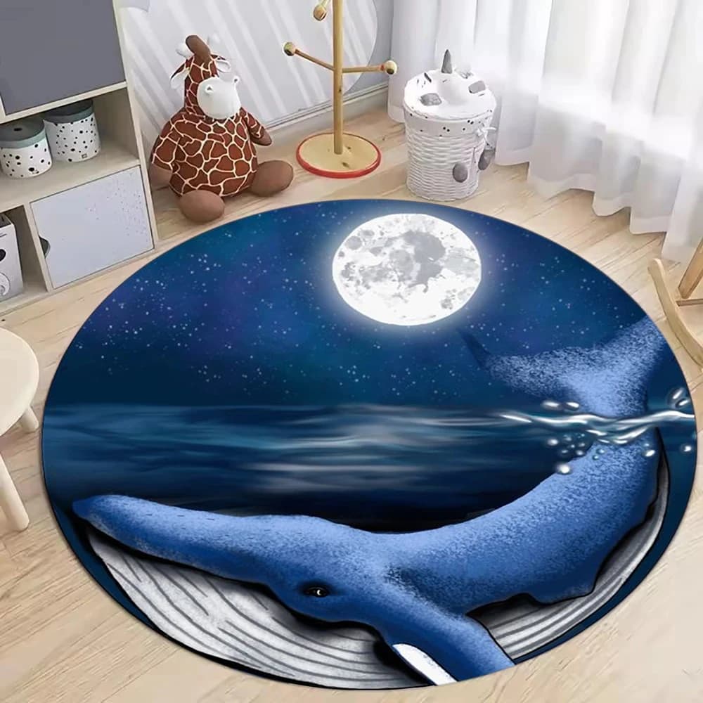Tappeto rotondo con motivo a balena blu e onde al chiaro di luna, tappetino antiscivolo per la cameretta dei bambini, camera da letto, soggiorno, stile cielo notturno, decorazioni per la casa