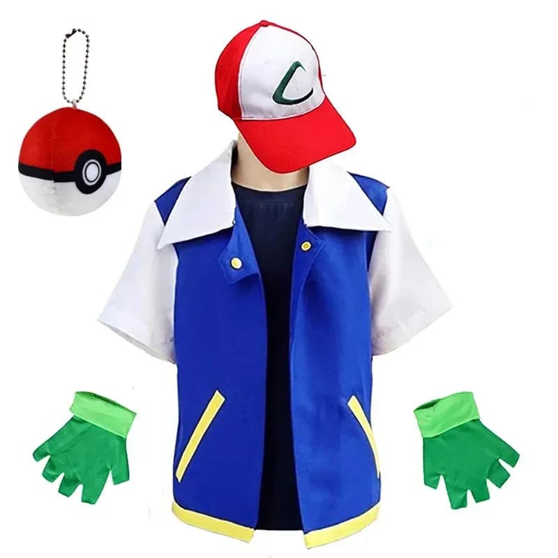 New 2025 Halloween Anime Ash Ketchum Men's Dress Blue Jacket Costume Boys Girls Cosplay for Holiday Gloves da ★ ♥ da
