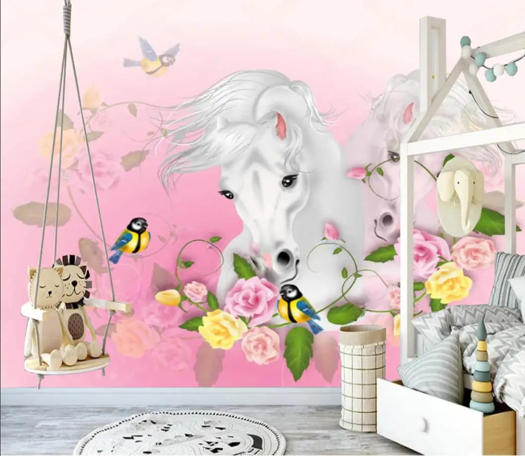 Carta da Parati 3D Personalizzata con Animali Cartoon, Design con Fenicotteri, Unicorni e Fiori per Camere dei Bambini, Sfondo Decorativo