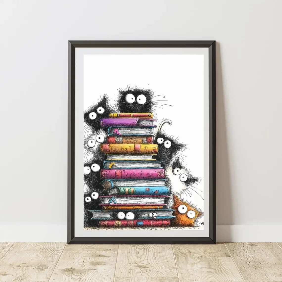 Kitten Print Illustration Peeking Cats On Books Wall Art Poster, Fun Cat Sketch Decor for Nursery, Kids Bedroom, Playroom