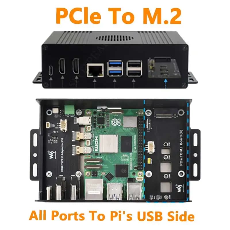 Raspberry Pi 5 Box Case Kit-C PCIe at M.2 NVMe SSD all ports to the USB side of Pi