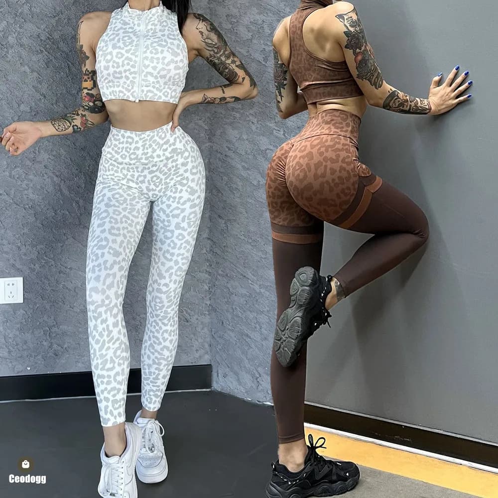 2PCS Zipper Leopard Sport Gym Yoga Sets Women Sport Bra Scrunch Pants Fitness Scrunch Leggings Suits Workout Clothes Women XP64