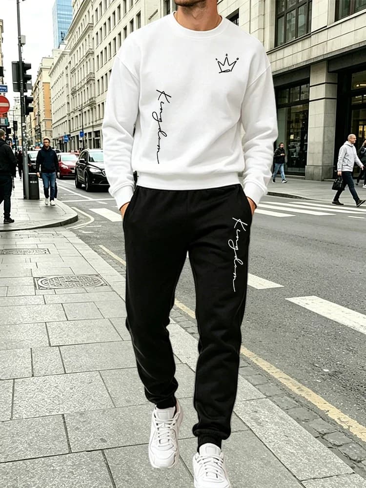 Fall Winter Male Daily Casual Fashion O-neck Hoodie Outfits Home Outdoor Tracksuit Kingdom Letters Print Pullover and Sweatpants