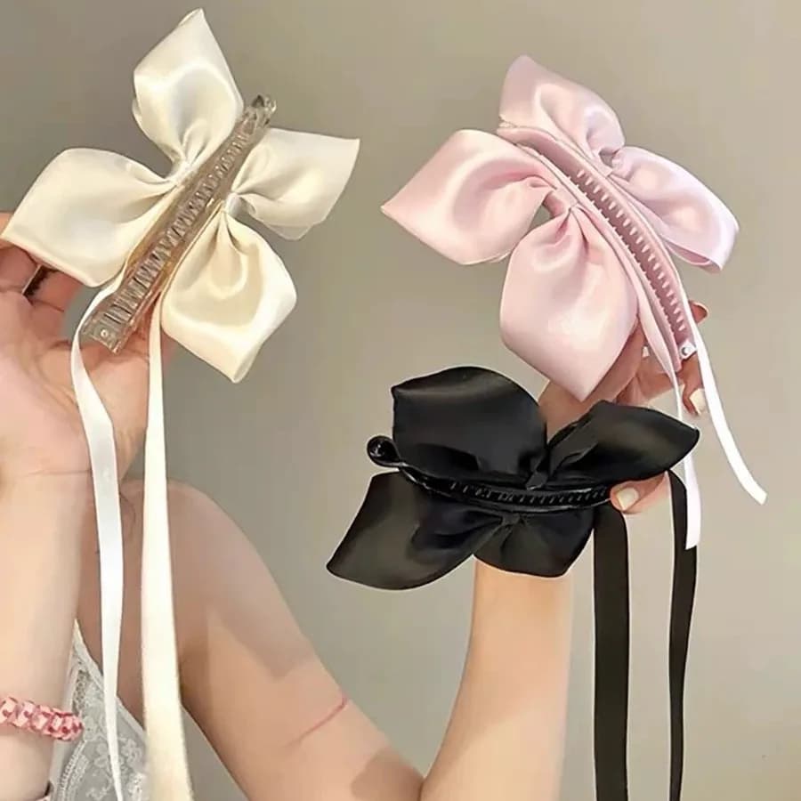 Sweet Princess Balletcore Banana Hair Clip Pink Bow Long Ribbon Streamer Cat‑Ear Design Ponytail Holder Hair Accessories