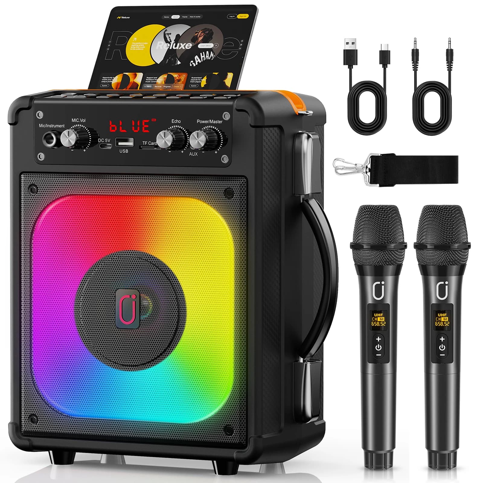 Karaoke machine, portable Bluetooth speaker with 2 wireless microphones for adults and children, karaoke speaker for parties and gatherings