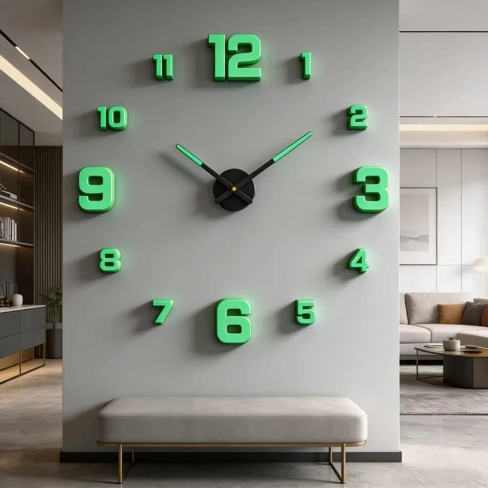 Orologio da parete grande dal design moderno, 3D fai da te in acrilico, silenzioso, senza cornice, con adesivi a specchio, luce notturna e frecce decorative.