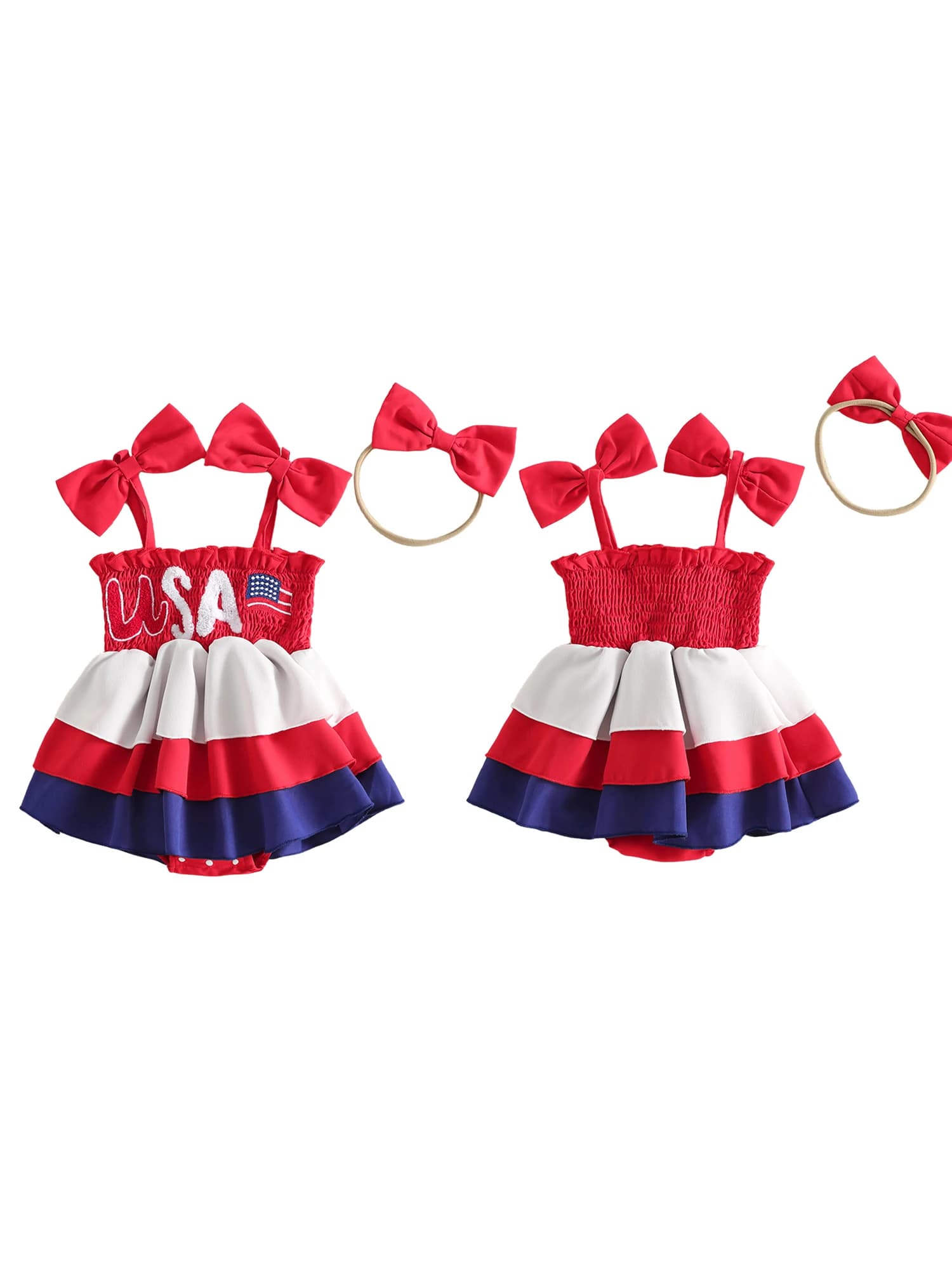 Independence Day Toddler Girls Rompers American Flag Print Sleeveless Jumpsuits with Bow Headband and Ruffled Skirt Hem