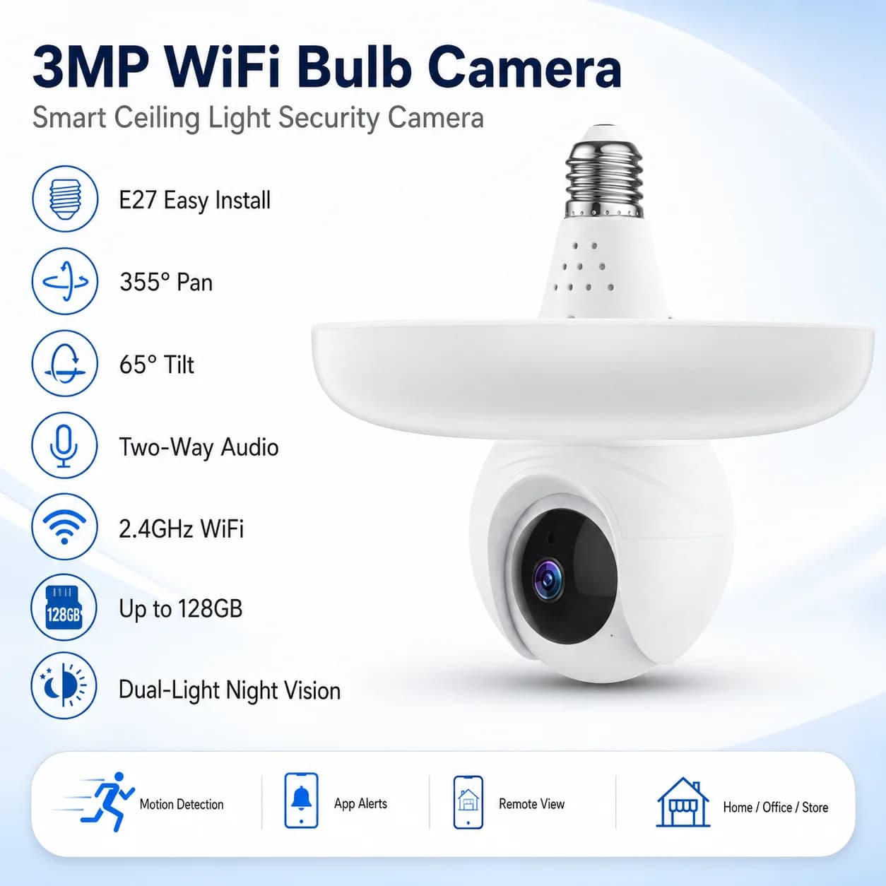 3 MP dual light flash WiFi security camera E27 socket bidirectional audio motion detection alarm,128GB Cloud Storage for Home