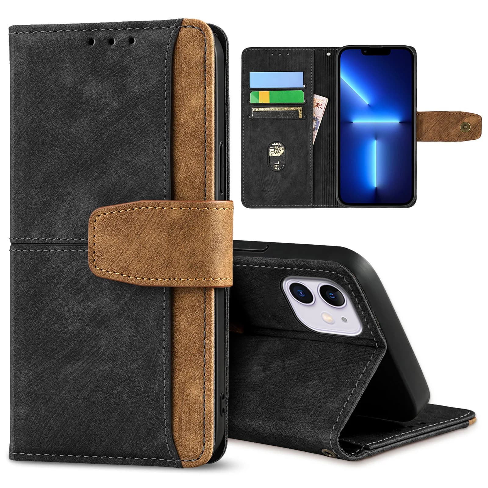 Custodia a Portafoglio in Pelle con Protezione RFID per iPhone 17 Air 16e 15 14 13 12 11 Plus Pro Max, con Slot per Carte e Funzione Stand
