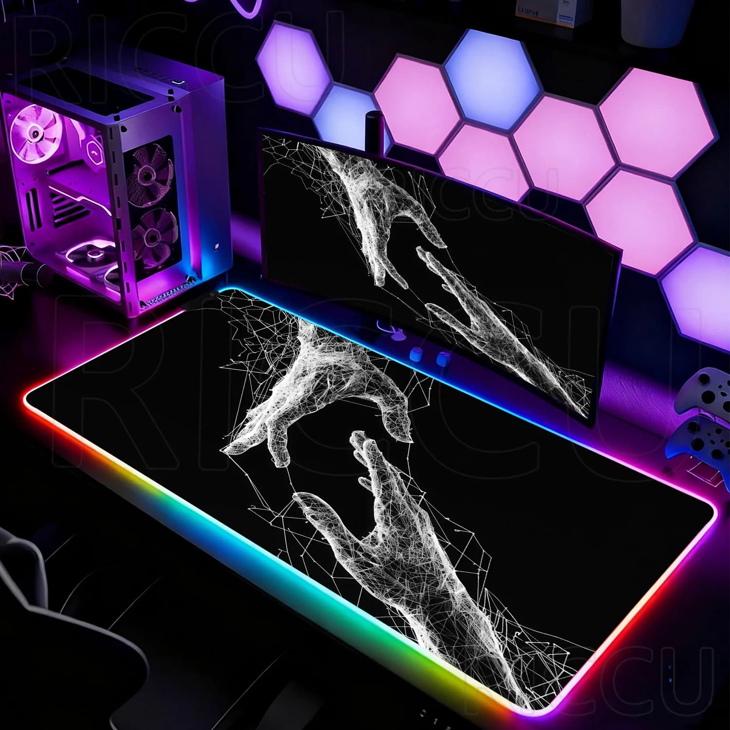Tappetino per Mouse RGB XXL HD Grande, Nero e Bianco, Stile Gotico, per PC Gaming, Ufficio, Laptop, Tastiera, Esports, Tappetino LED da Scrivania per Gamer